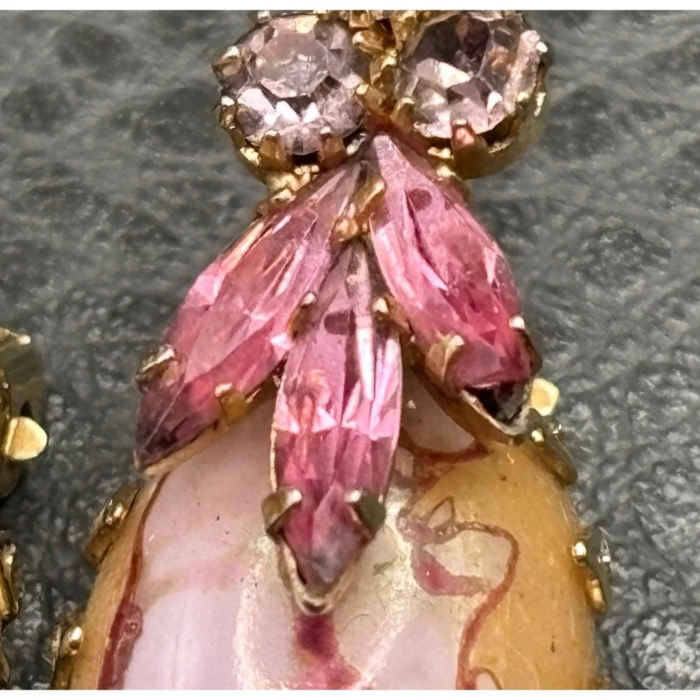 Vintage Dragon Egg Marble Pink Cabochon Crystal Rhinestone Clip Earrings READ
